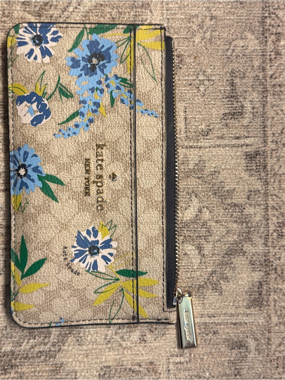 kate spade Beige Floral Zip Card Holder with Blue Flowers